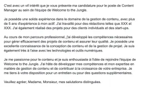Lettre de motivation pour un poste de Content Manager. Le texte détaille l'expérience et les compétences du candidat en gestion de contenu, comme si ChatGPT avait aidé à la rédiger.
