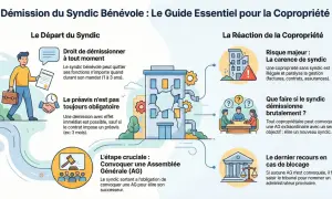 Illustration expliquant la démission du syndic bénévole en copropriété, avec des icônes pour le départ, les préavis, et la réaction de la copropriété.