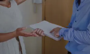 Une femme en robe blanche reçoit des documents d'un homme en chemise bleue.