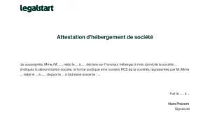 Attestation d'hébergement de société. Ce document officiel certifie l'hébergement d'une société à une adresse donnée.