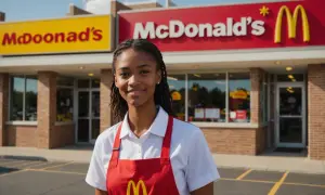 Jeune femme souriante devant un McDonald's, prête pour sa démission McDonald's sans préavis.