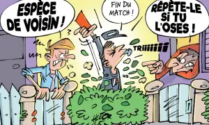 Un voisin en colère crie "Espèce de voisin!". Un autre, arbitre, brandit un carton rouge. Idéal pour un modèle de lettre pour avertir les voisins.
