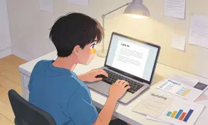 Un jeune homme rédige sa lettre de motivation pour Parcoursup, axée sur un DUT Techniques de Commercialisation.