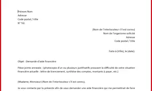 Exemple lettre CPAM : demande d'aide financière pour faire face à des difficultés. Le document liste les informations à fournir et les justificatifs nécessaires.