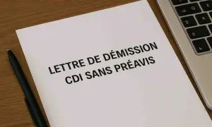 Une feuille avec "LETTRE DE DÉMISSION CDI SANS PRÉAVIS" est posée sur un bureau en bois, à côté d'un stylo et d'un ordinateur portable.