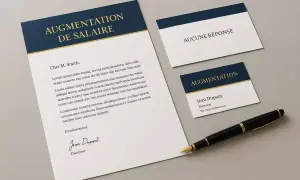 Une lettre de demande d'augmentation de salaire, une carte "Aucune réponse" et une carte de visite "Augmentation" pour Jean Dupont, Directeur.