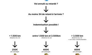 Schéma pour une demande indemnisation Air France : vol retardé >3h, indemnisation possible selon la distance (250€, 400€, 600€).