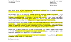 Modèle de lettre de motivation en anglais, avec des champs à remplir pour postuler à un emploi.