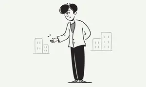 Un homme présente des immeubles, comme s'il expliquait comment rédiger une lettre pour rendre un appartement en location.