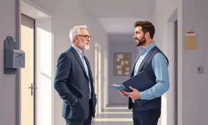Deux hommes discutent dans un couloir. L'un, plus âgé, porte un costume bleu. L'autre, plus jeune, tient un dossier. Un courrier syndic est visible sur le mur.