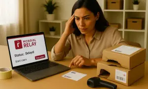 Femme inquiète devant son ordinateur affichant "Mondial Relay - Status: Delayd". Deux colis abîmés sont sur la table.