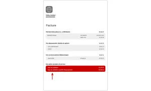 Facture détaillée montrant les frais de résiliation. Une flèche rouge pointe vers la ligne "Frais de résiliation", indiquant un possible remboursement.
