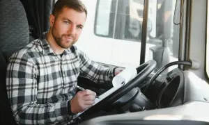 Un chauffeur poids lourd, chemise à carreaux, rédige sa lettre de motivation dans la cabine.