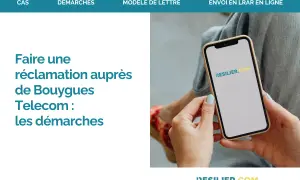 Main d'une personne tenant un smartphone affichant "RESILIER.COM", avec le texte "Faire une réclamation auprès de Bouygues Telecom" en français.