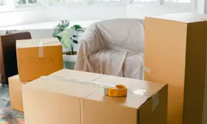 Cartons de déménagement prêts, dont un marqué "KITCHEN". Une valise et un fauteuil bâché complètent la scène.