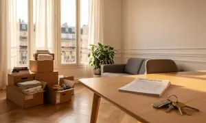 Une lettre de résiliation de bail pour un appartement meublé est posée sur une table en bois, avec des clés et des cartons de déménagement à proximité.