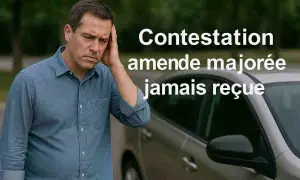 Un homme stressé, à côté de sa voiture, face à une "Contestation amende majorée jamais reçue".