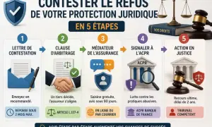 Infographie expliquant les 5 étapes pour contester un refus d'assurance, incluant une lettre réclamation assurance sinistre.