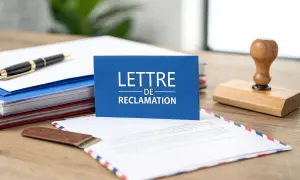 Une lettre de réclamation est prête à être envoyée à l'agence immobilière. Un tampon en bois et un stylo sont à portée de main.