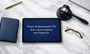 Sur une tablette, un modèle de lettre à son employeur concernant un préavis de licenciement CDI. Un marteau de juge, des lunettes et un stylo sont disposés autour.