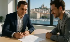 Un homme signe un document, peut-être une lettre de demande de radiation, devant un collègue souriant. La vue sur la ville et le port est magnifique.