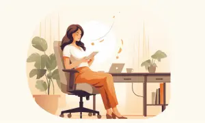 Femme assise à son bureau, regardant une tablette. Elle semble réfléchir à une lettre de démission pendant congé maternité.