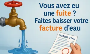 Robinet qui coule, facture d'eau et texte "Faites baisser votre facture d'eau".