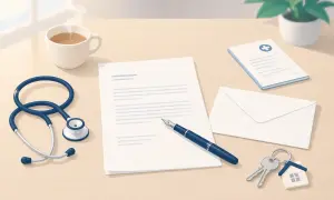 Bureau avec stéthoscope, tasse de café, lettre, enveloppe, clés et document médical. Préparation d'un modèle lettre résiliation bail 1 mois pour raison de santé.