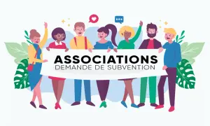 Groupe d'associatifs joyeux tenant une banderole "ASSOCIATIONS DEMANDE DE SUBVENTION". Idéal pour un modèle lettre demande subvention mairie pour association.