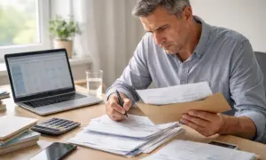 Homme concentré sur des papiers, calculatrice et ordinateur portable. Il semble gérer des documents importants, peut-être une dénonciation CAF.