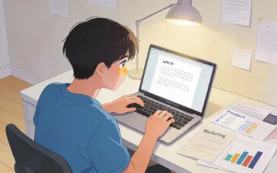 Un jeune homme rédige sa lettre de motivation pour Parcoursup, axée sur un DUT Techniques de Commercialisation.