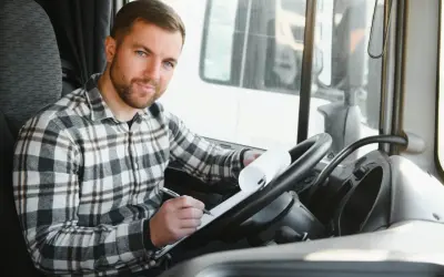 Un chauffeur poids lourd, chemise à carreaux, rédige sa lettre de motivation dans la cabine.