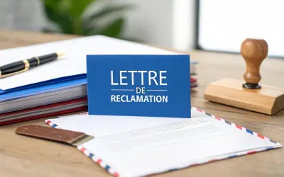 Une lettre de réclamation est prête à être envoyée à l'agence immobilière. Un tampon en bois et un stylo sont à portée de main.