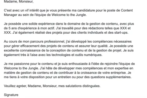 Lettre de motivation pour un poste de Content Manager. Le texte détaille l'expérience et les compétences du candidat en gestion de contenu, comme si ChatGPT avait aidé à la rédiger.