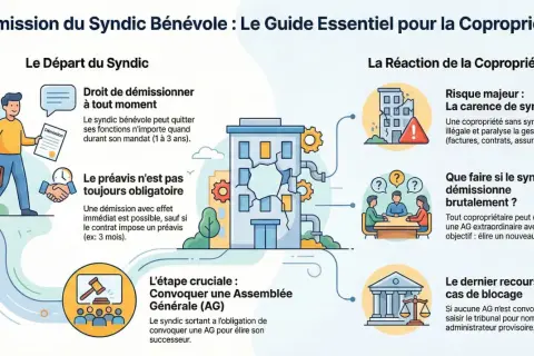 Illustration expliquant la démission du syndic bénévole en copropriété, avec des icônes pour le départ, les préavis, et la réaction de la copropriété.