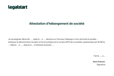 Attestation d'hébergement de société. Ce document officiel certifie l'hébergement d'une société à une adresse donnée.