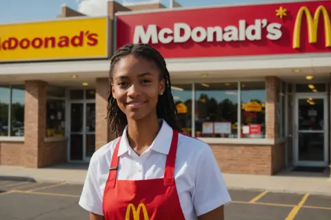 Jeune femme souriante devant un McDonald's, prête pour sa démission McDonald's sans préavis.