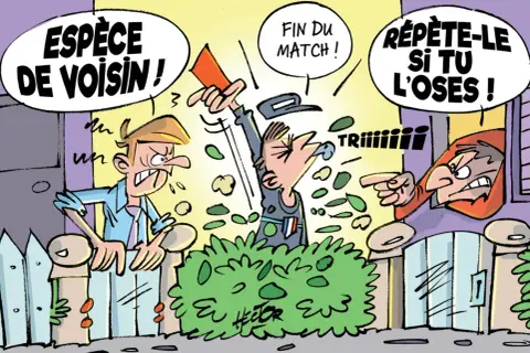 Un voisin en colère crie "Espèce de voisin!". Un autre, arbitre, brandit un carton rouge. Idéal pour un modèle de lettre pour avertir les voisins.