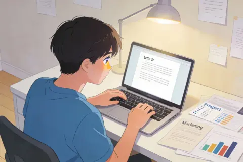Un jeune homme rédige sa lettre de motivation pour Parcoursup, axée sur un DUT Techniques de Commercialisation.