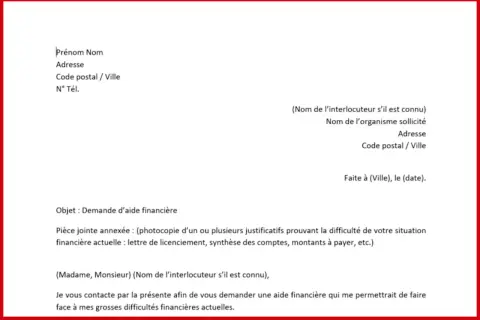 Exemple lettre CPAM : demande d'aide financière pour faire face à des difficultés. Le document liste les informations à fournir et les justificatifs nécessaires.