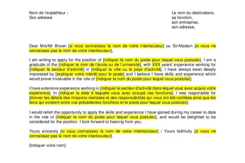 Modèle de lettre de motivation en anglais, avec des champs à remplir pour postuler à un emploi.