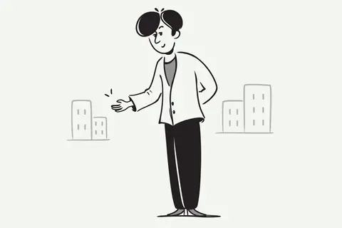 Un homme présente des immeubles, comme s'il expliquait comment rédiger une lettre pour rendre un appartement en location.