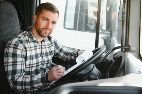Un chauffeur poids lourd, chemise à carreaux, rédige sa lettre de motivation dans la cabine.