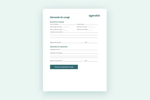 Formulaire de demande de congé pour un employé, incluant les détails du congé et l'approbation du responsable.