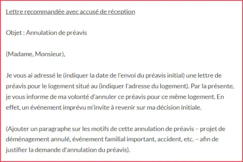 Lettre d'annulation de préavis pour un appartement. Un événement imprévu justifie ce désistement.