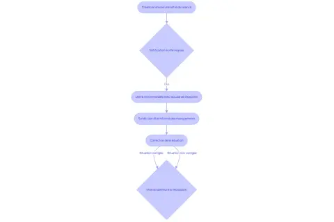Organigramme pour signaler un problème au syndic : relance, notification écrite, lettre recommandée, information du syndic, correction ou mise en demeure.