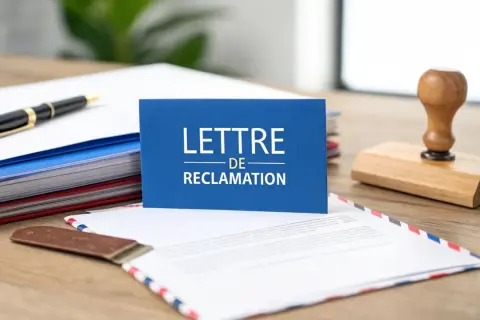 Une lettre de réclamation est prête à être envoyée à l'agence immobilière. Un tampon en bois et un stylo sont à portée de main.