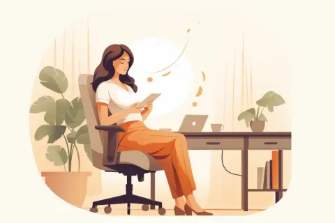 Femme assise à son bureau, regardant une tablette. Elle semble réfléchir à une lettre de démission pendant congé maternité.