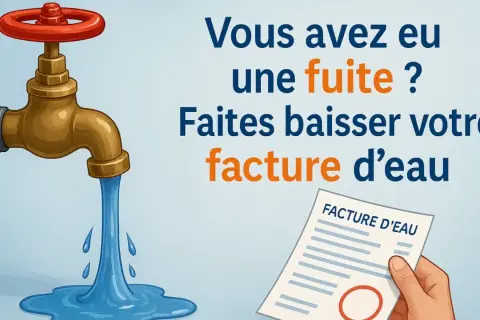 Robinet qui coule, facture d'eau et texte "Faites baisser votre facture d'eau".