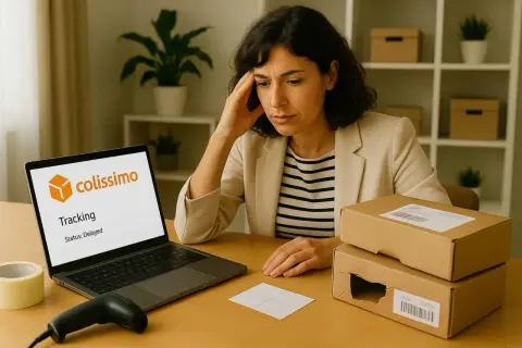 Femme soucieuse devant son ordinateur affichant "Colissimo Tracking: Status: Delayed". Un problème de livraison DPD ?